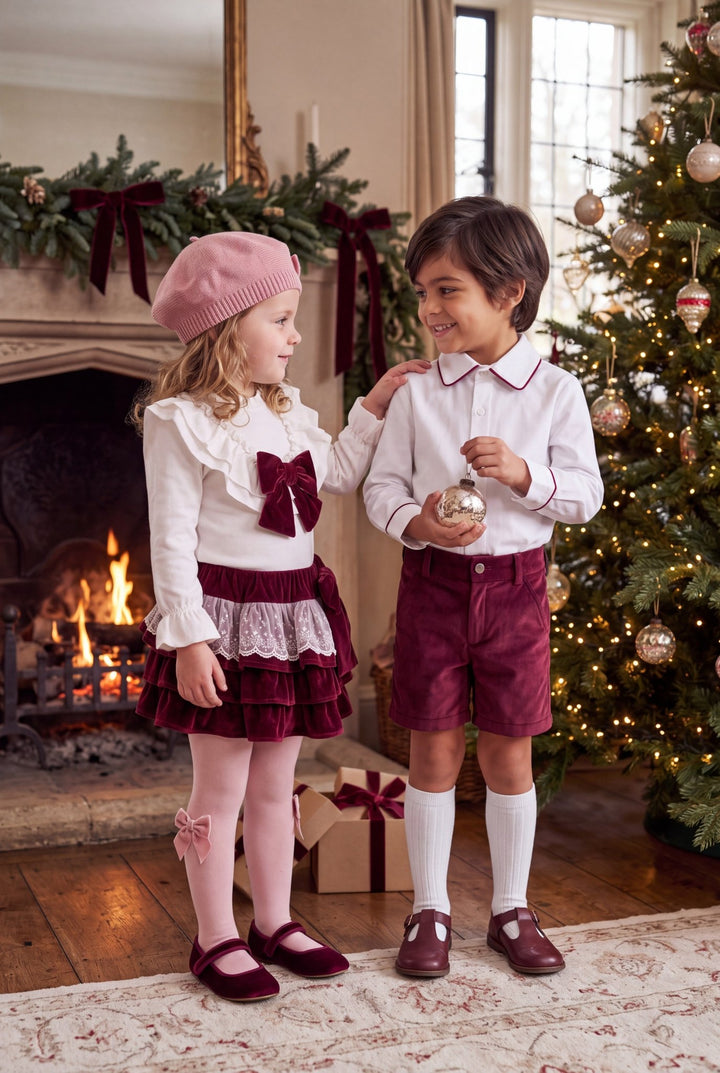 M&amp;J x Puro Mimo "Montgomery" Ivory Shirt &amp; Burgundy Velvet Shorts - Millie and John
