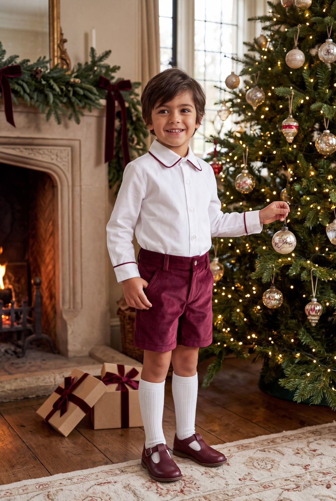 M&amp;J x Puro Mimo "Montgomery" Ivory Shirt &amp; Burgundy Velvet Shorts - Millie and John