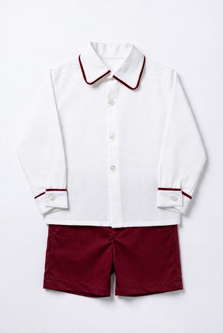 M&amp;J x Puro Mimo "Montgomery" Ivory Shirt &amp; Burgundy Velvet Shorts - Millie and John