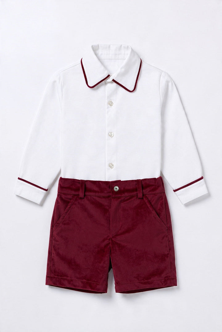 M&amp;J x Puro Mimo "Montgomery" Ivory Shirt &amp; Burgundy Velvet Shorts - Millie and John