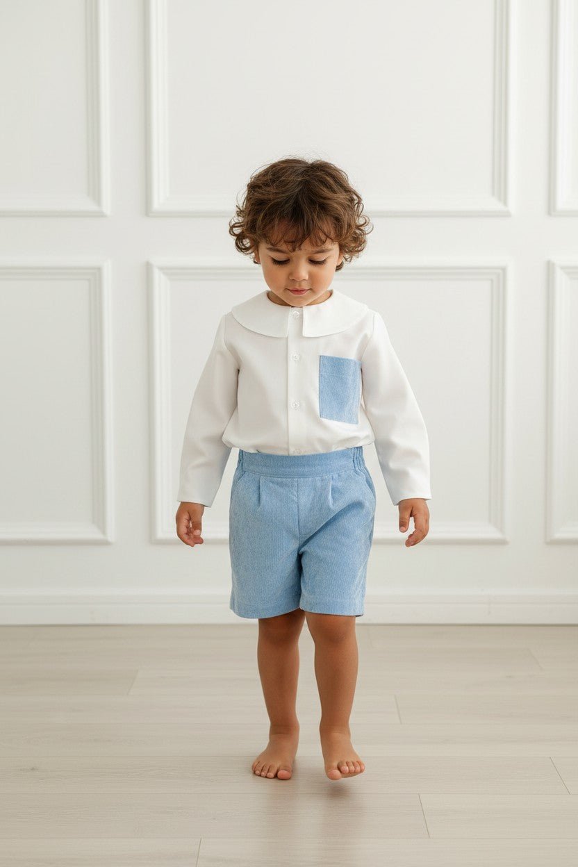 M&J x Puro Mimo "Rupert" Powder Blue Needlecord Shirt & Shorts - Millie and John