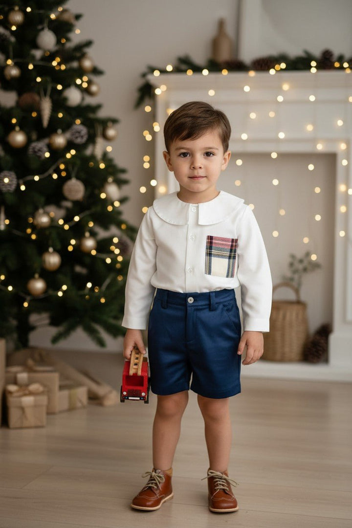 M&amp;J x Puro Mimo "Rupert" Tartan Shirt &amp; Midnight Blue Velvet Shorts - Millie and John