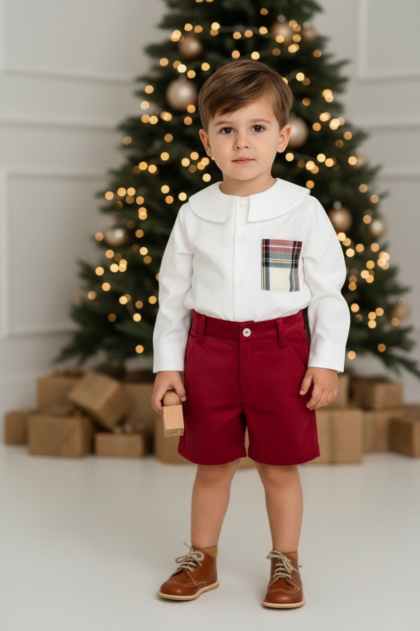 M&J x Puro Mimo "Rupert" Tartan Shirt & Red Velvet Shorts - Millie and John