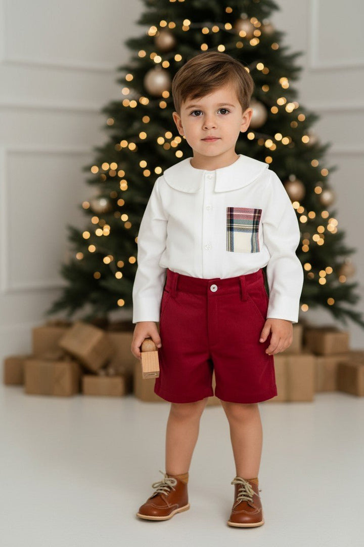 M&amp;J x Puro Mimo "Rupert" Tartan Shirt &amp; Red Velvet Shorts - Millie and John