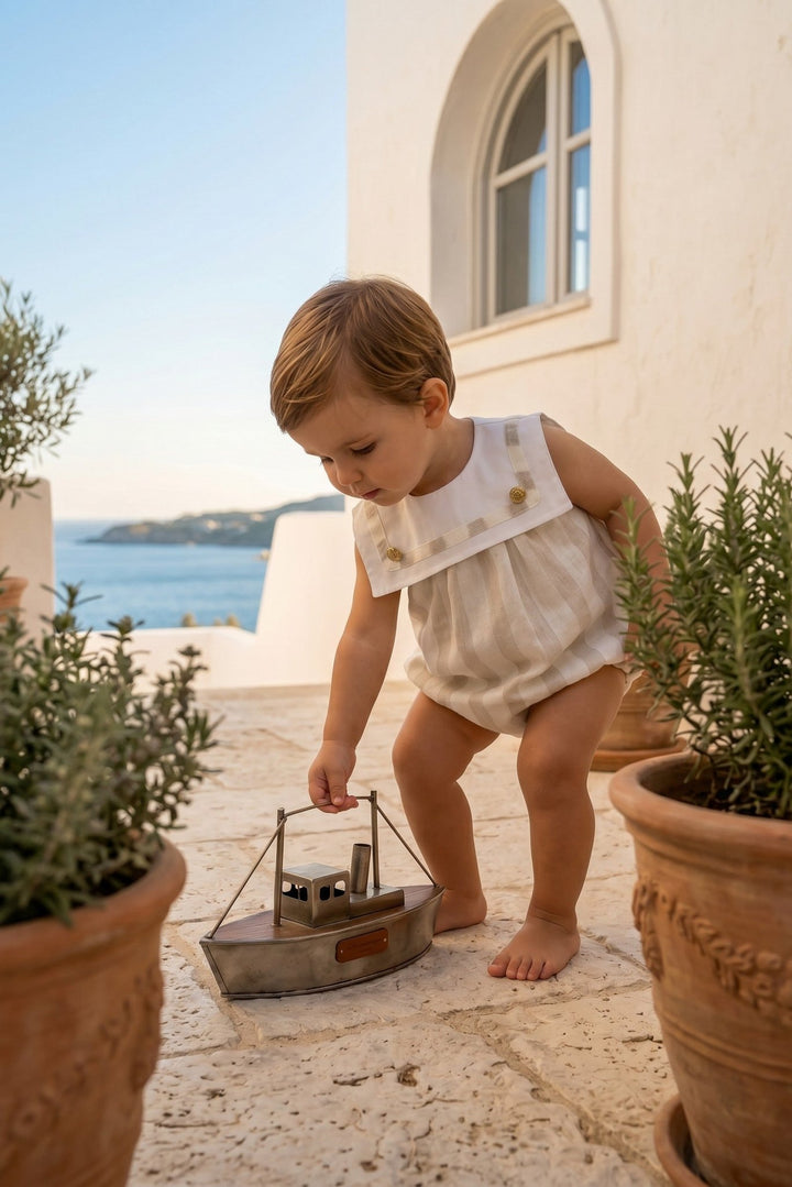 M&amp;J x Puro Mimo "Theodore" Beige Stripe Sailor Romper - Millie and John