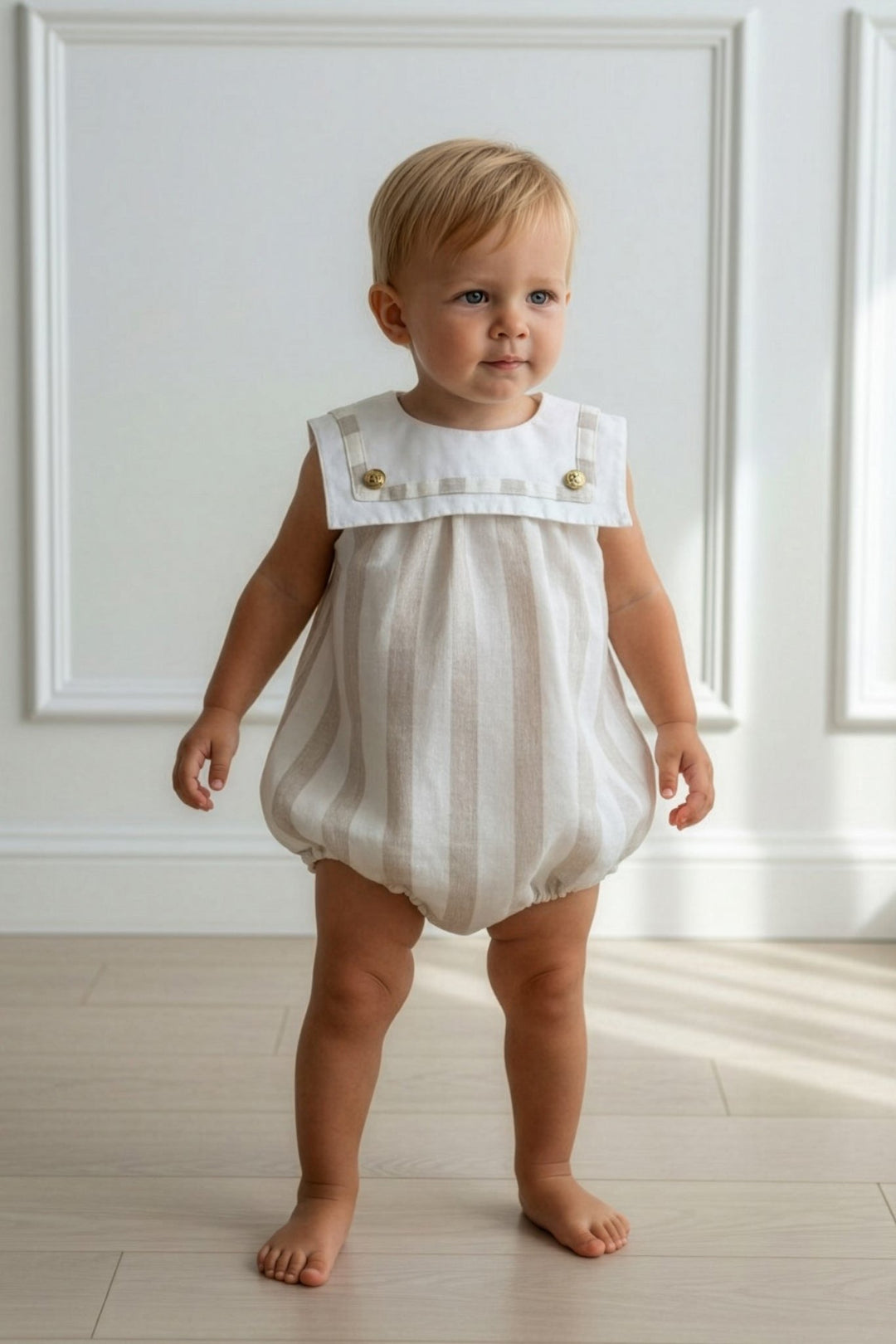 M&amp;J x Puro Mimo "Theodore" Beige Stripe Sailor Romper - Millie and John