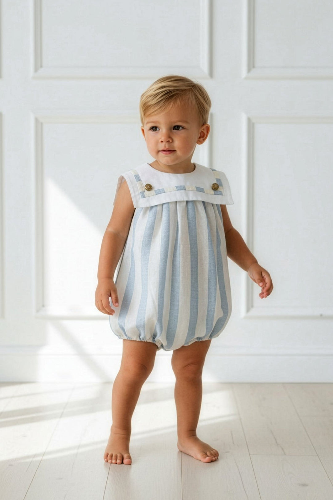 M&amp;J x Puro Mimo "Theodore" Blue Stripe Sailor Romper - Millie and John