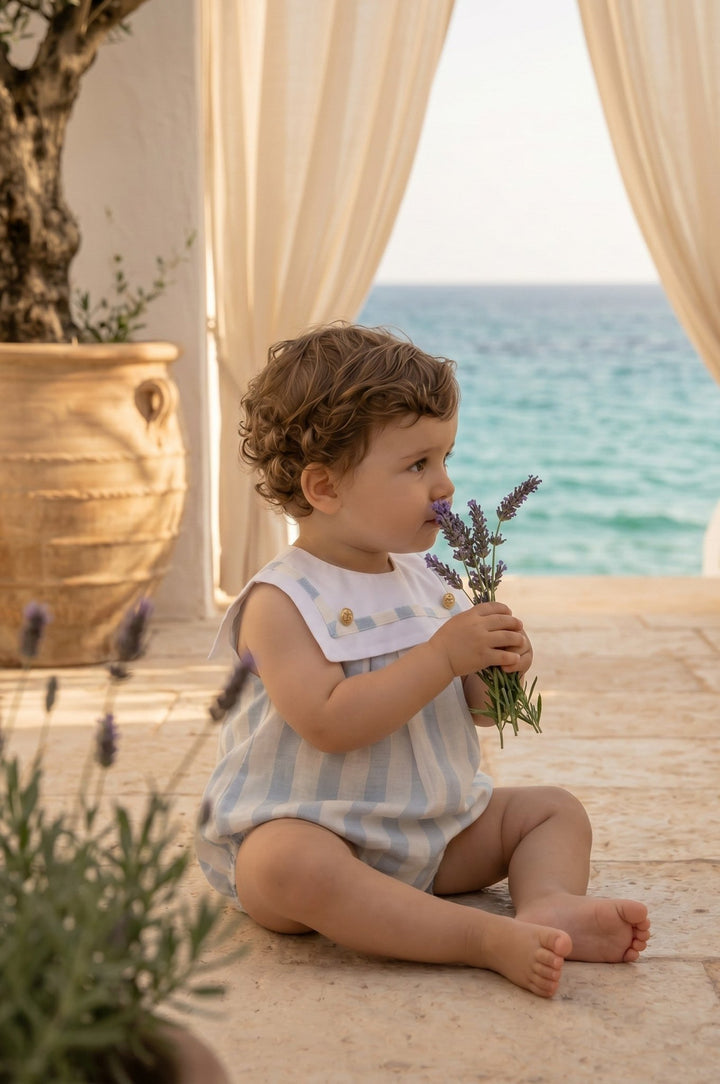 M&amp;J x Puro Mimo "Theodore" Blue Stripe Sailor Romper - Millie and John