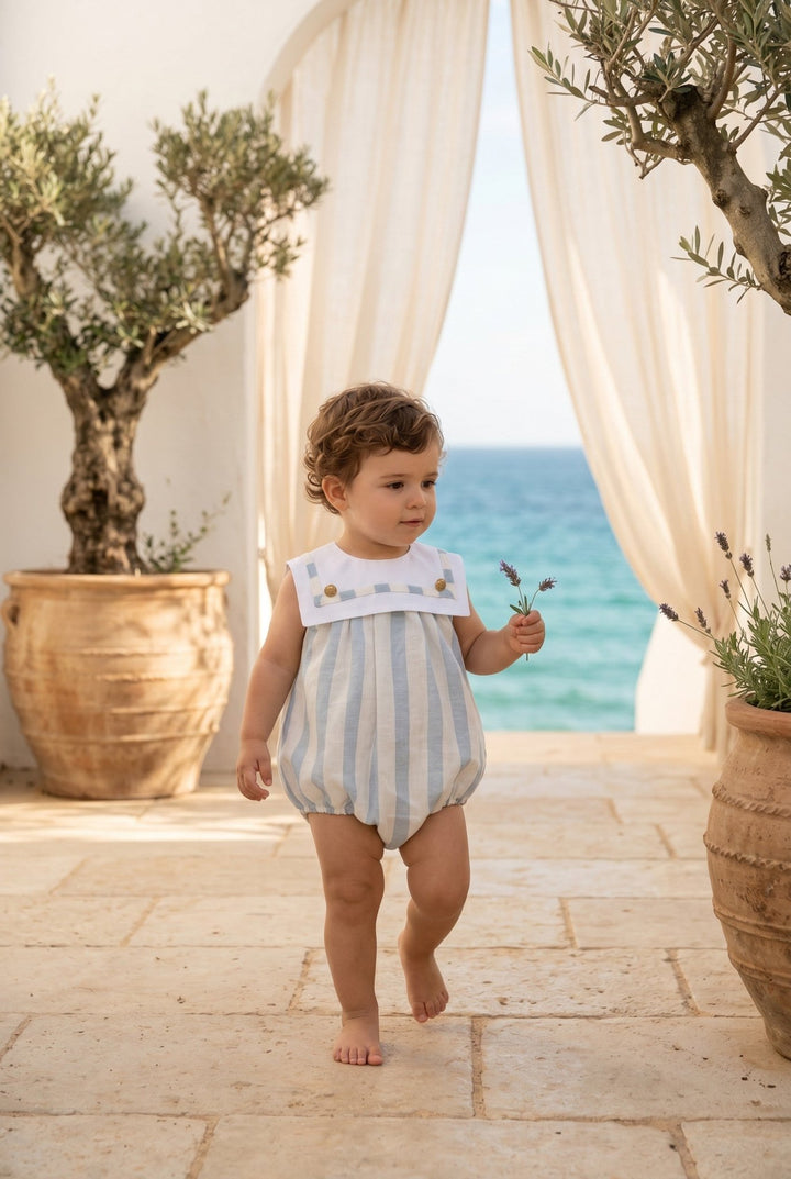 M&amp;J x Puro Mimo "Theodore" Blue Stripe Sailor Romper - Millie and John