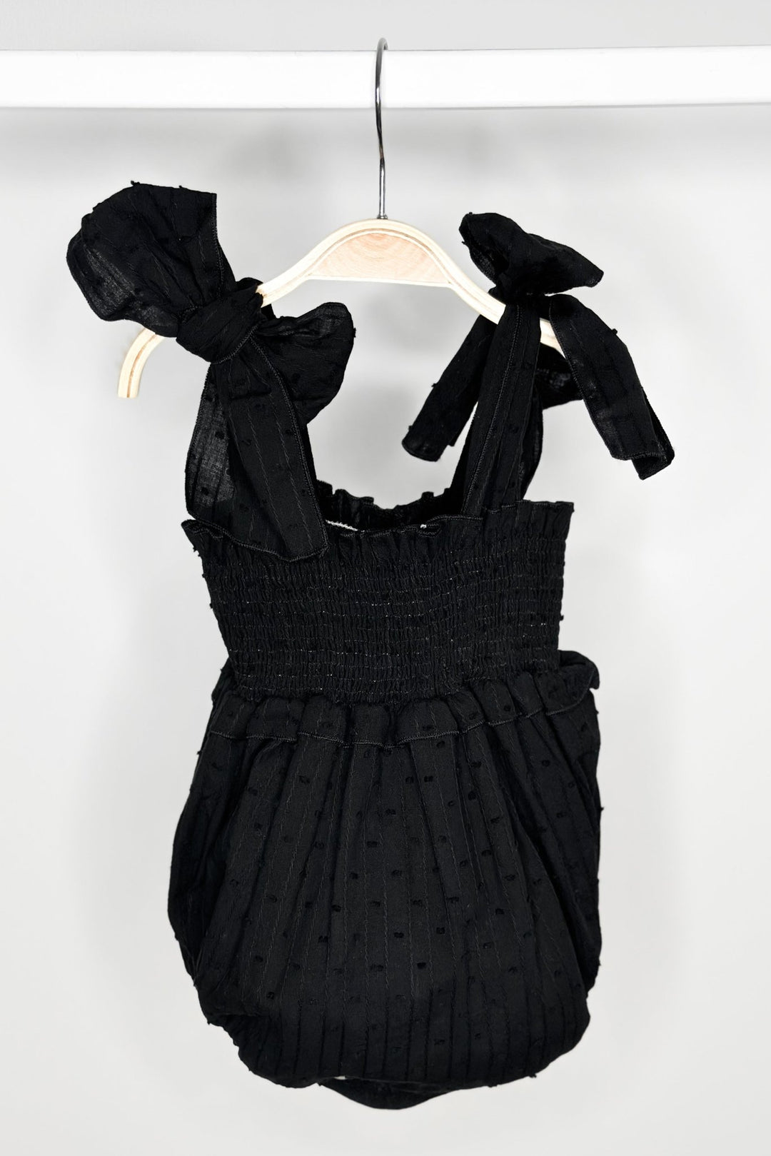 Phi "Aaliyah" Black Plumeti Dot Romper - Millie and John