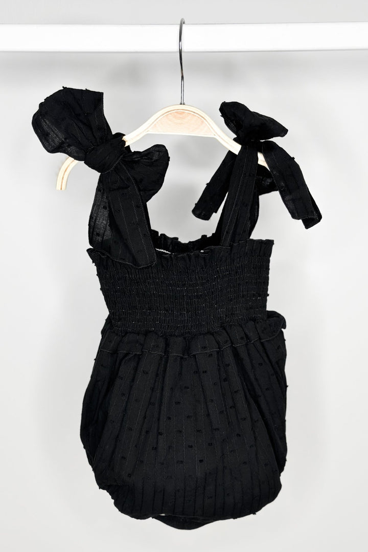 Phi "Aaliyah" Black Plumeti Dot Romper - Millie and John