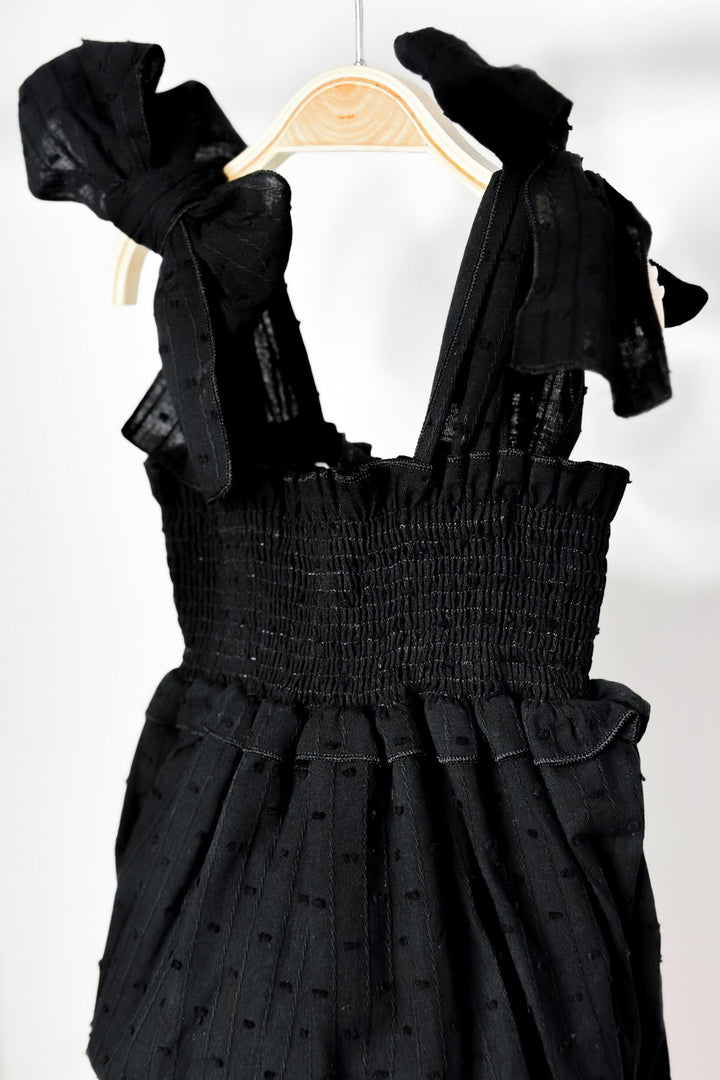 Phi "Aaliyah" Black Plumeti Dot Romper - Millie and John