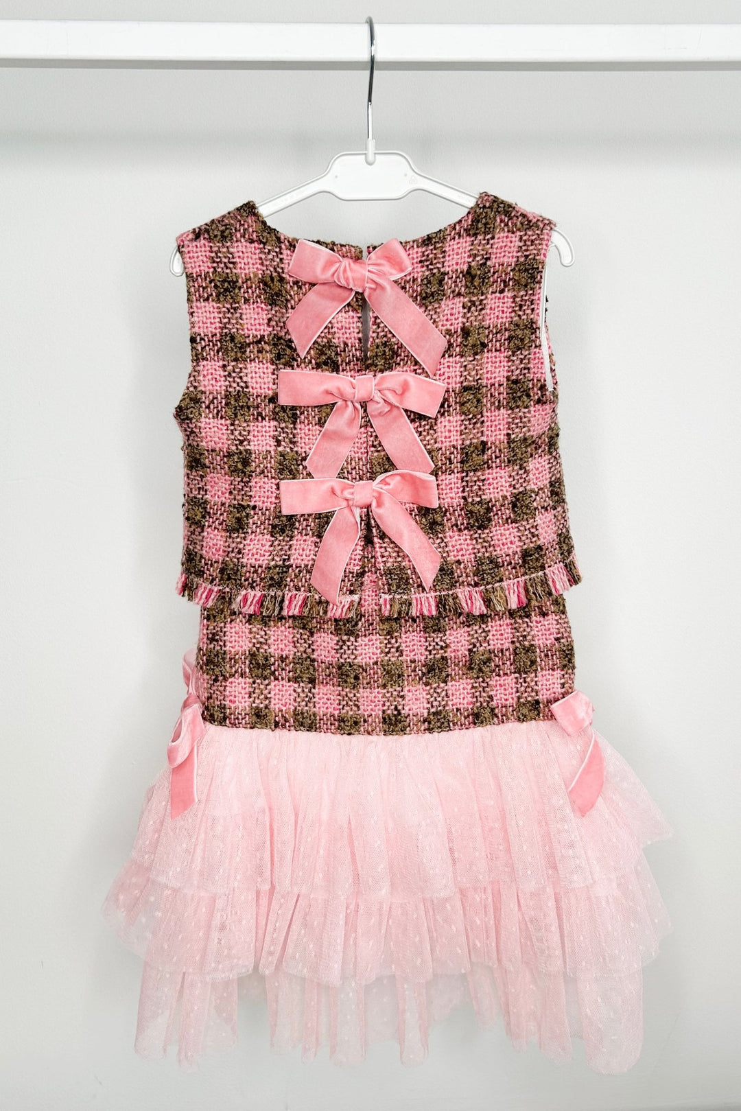 Phi "Allegra" Pink & Beige Tweed Blouse & Tulle Skirt - Millie and John