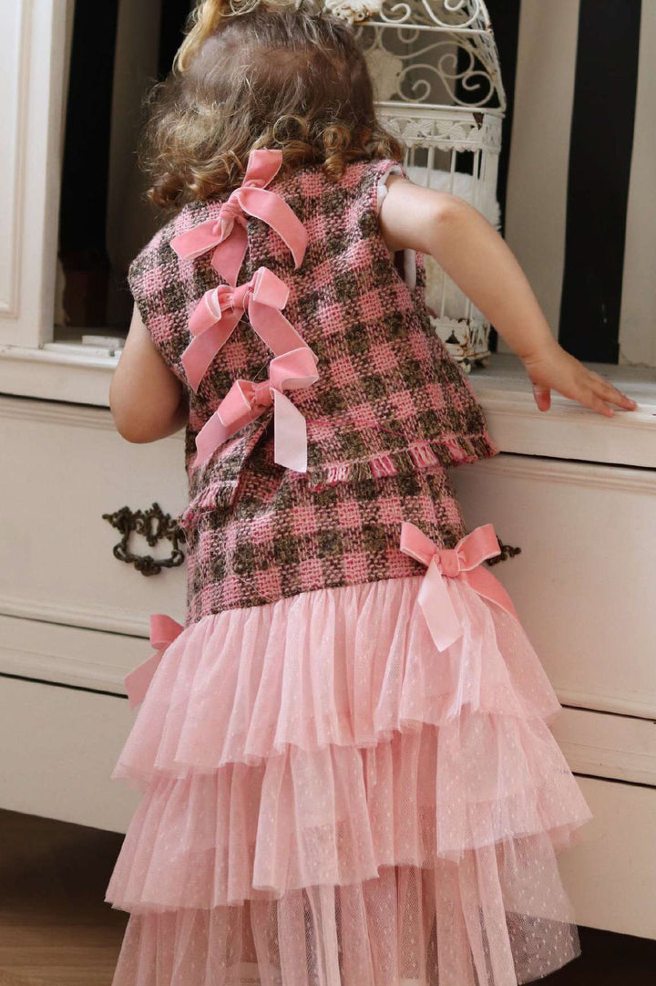 Phi "Allegra" Pink & Beige Tweed Blouse & Tulle Skirt - Millie and John