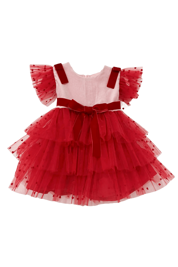 Phi "Amora" Pink & Red Velvet Tulle Dress - Millie and John