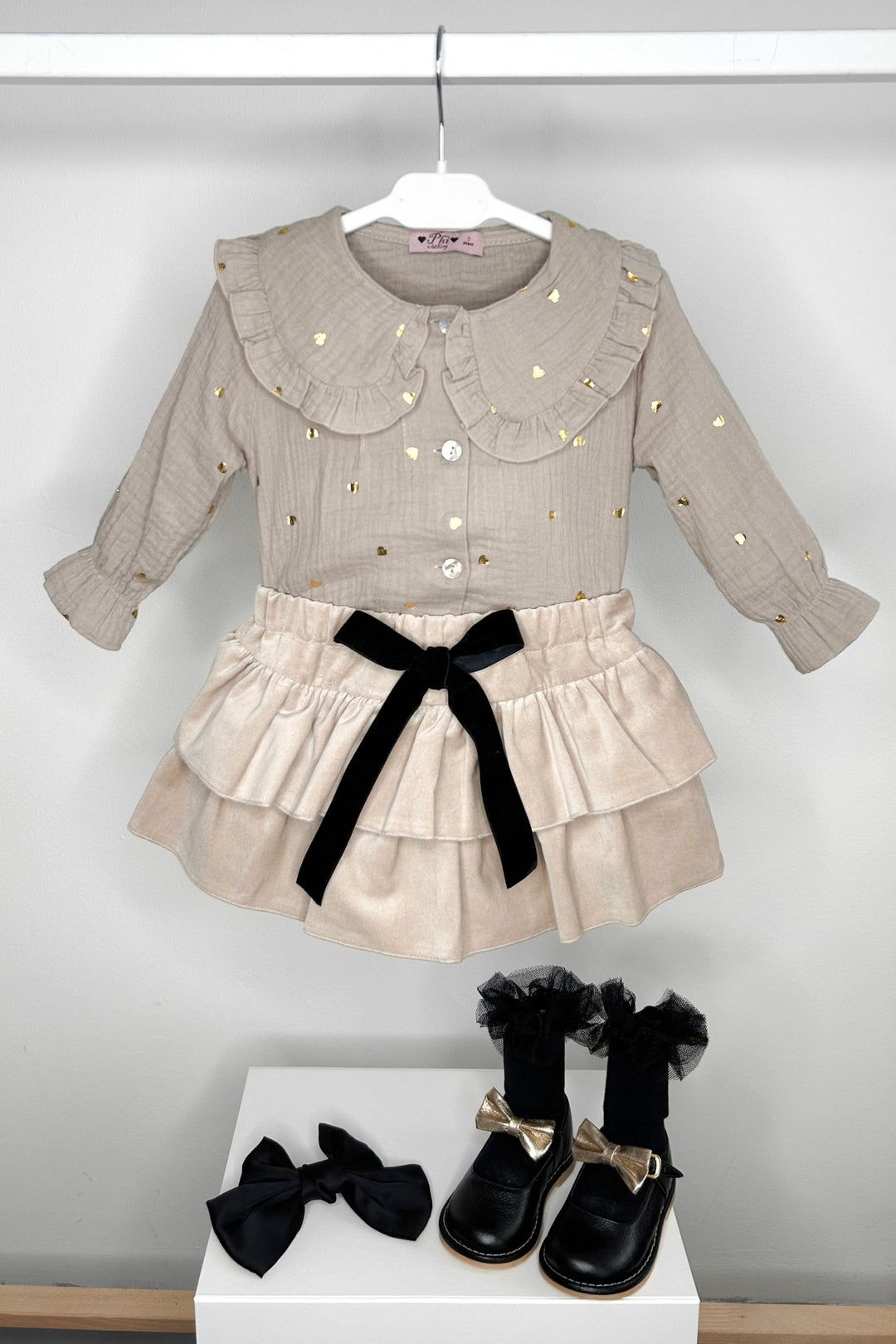 Phi "Daniella" Stone Heart Blouse & Velvet Skort - Millie and John