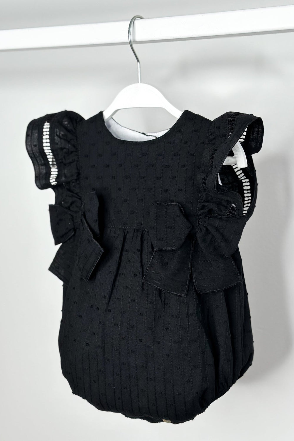 Phi "Evalina" Black Plumeti Dot Romper - Millie and John