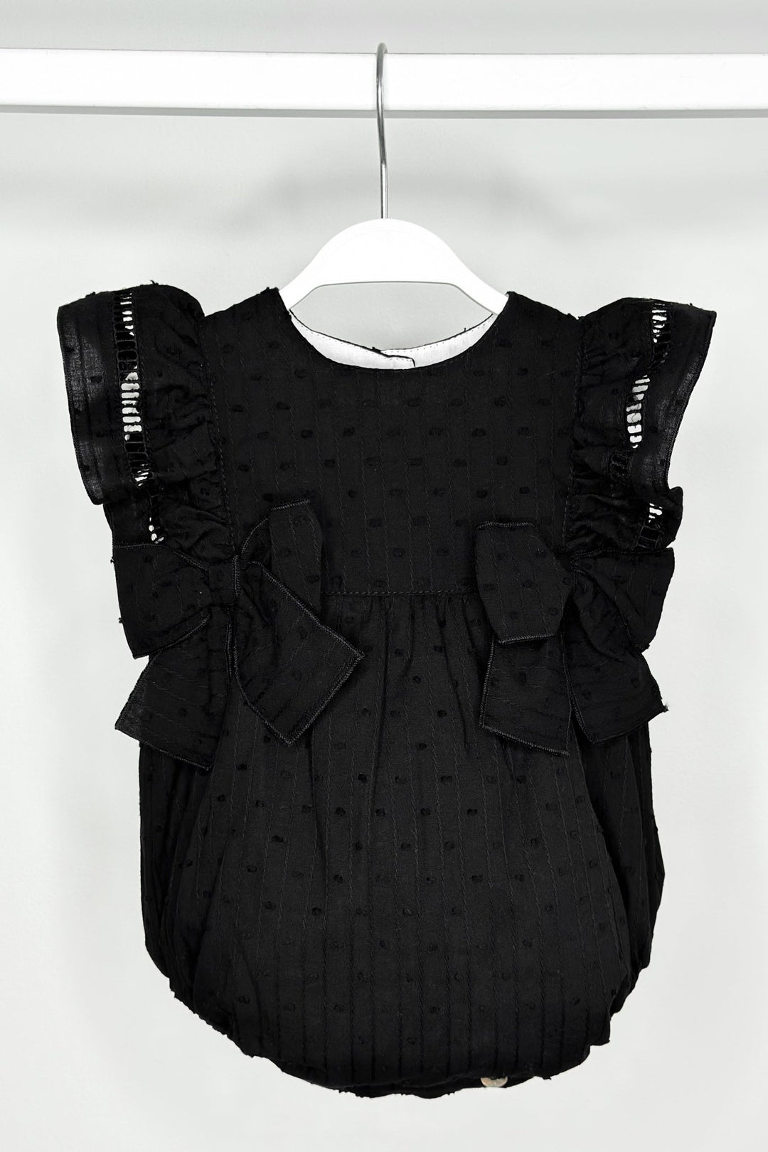 Phi "Evalina" Black Plumeti Dot Romper - Millie and John