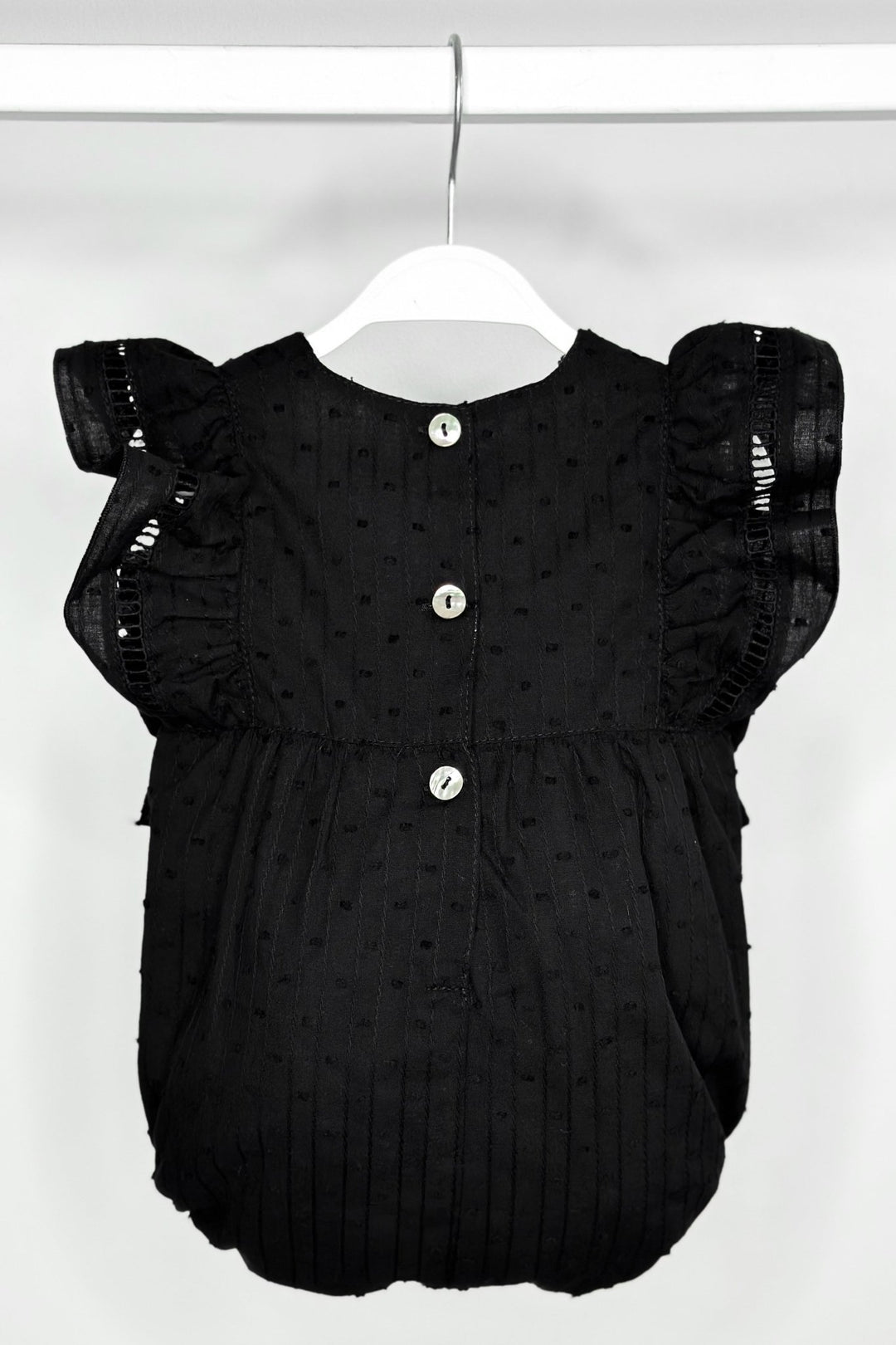 Phi "Evalina" Black Plumeti Dot Romper - Millie and John