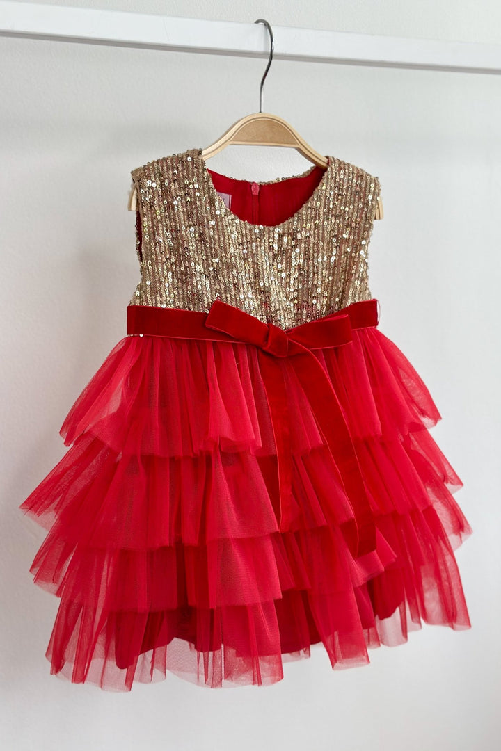 Phi "Eve" Gold Sequin Red Tulle Dress - Millie and John