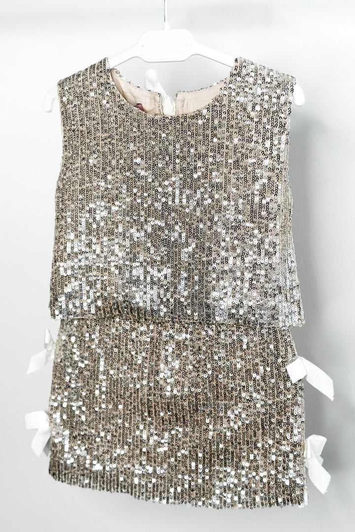 Phi "Hannah" Champagne Sequin Bow Blouse & Skirt - Millie and John