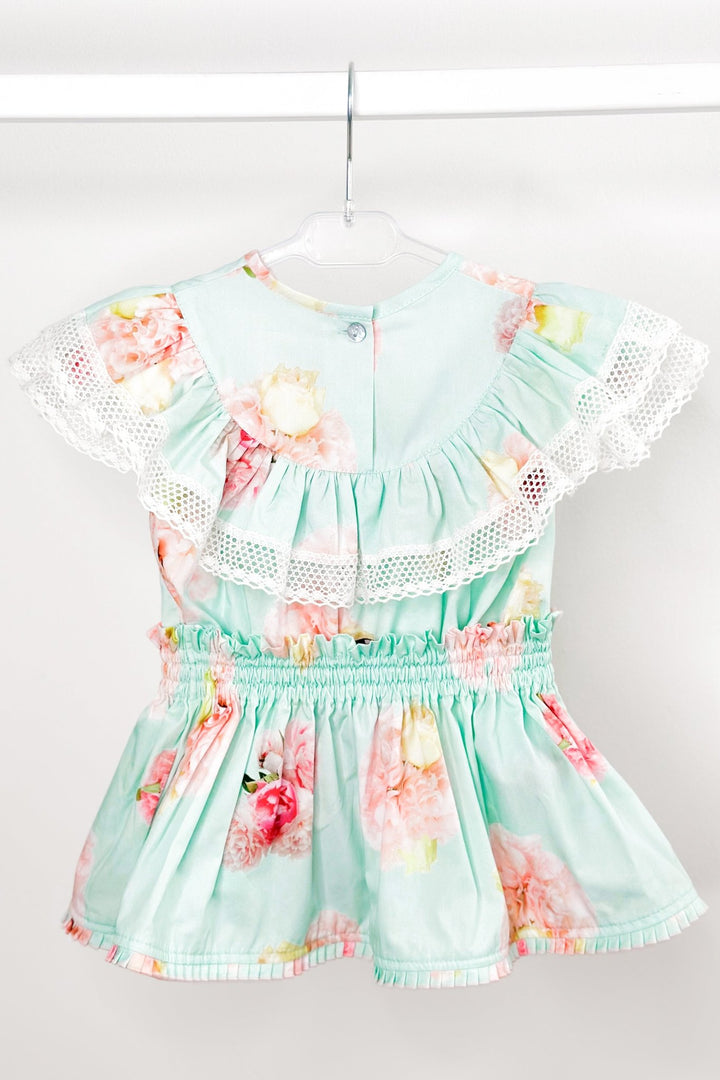 Phi "Kehlani" Aquamarine Pink Peony Blouse & Skirt - Millie and John