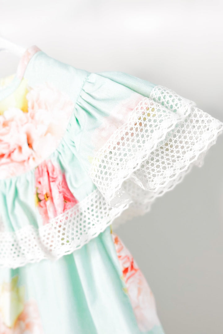 Phi "Kehlani" Aquamarine Pink Peony Blouse & Skirt - Millie and John