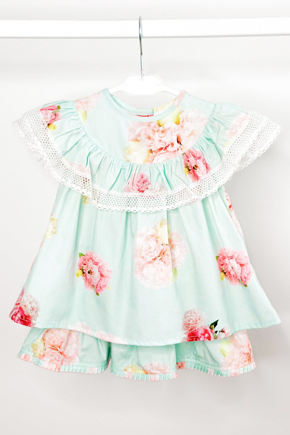 Phi "Kehlani" Aquamarine Pink Peony Blouse & Skirt - Millie and John