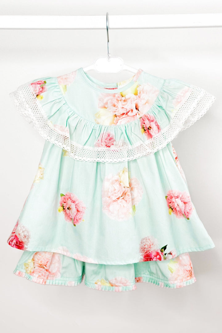 Phi "Kehlani" Aquamarine Pink Peony Blouse & Skirt - Millie and John