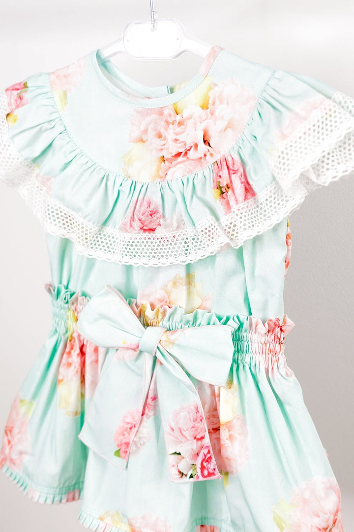 Phi "Kehlani" Aquamarine Pink Peony Blouse & Skirt - Millie and John