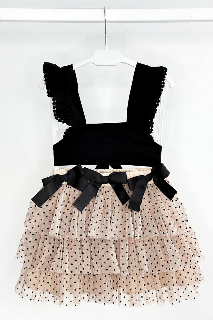 Phi "Nuriyah" Black Crop Top & Beige Tulle Skirt - Millie and John