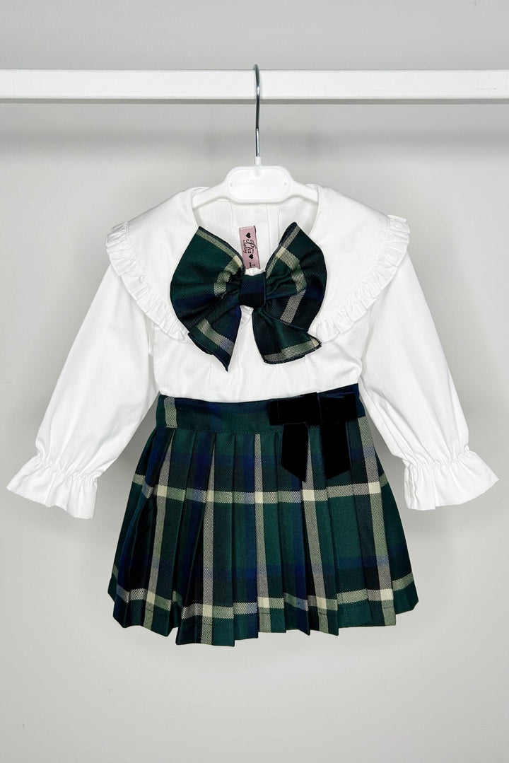 Phi "Octavia" Blouse & Bottle Green Tartan Pleated Skirt - Millie and John