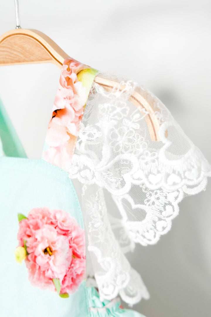 Phi "Peaches" Aquamarine Pink Peony Lace Dungaree Romper - Millie and John