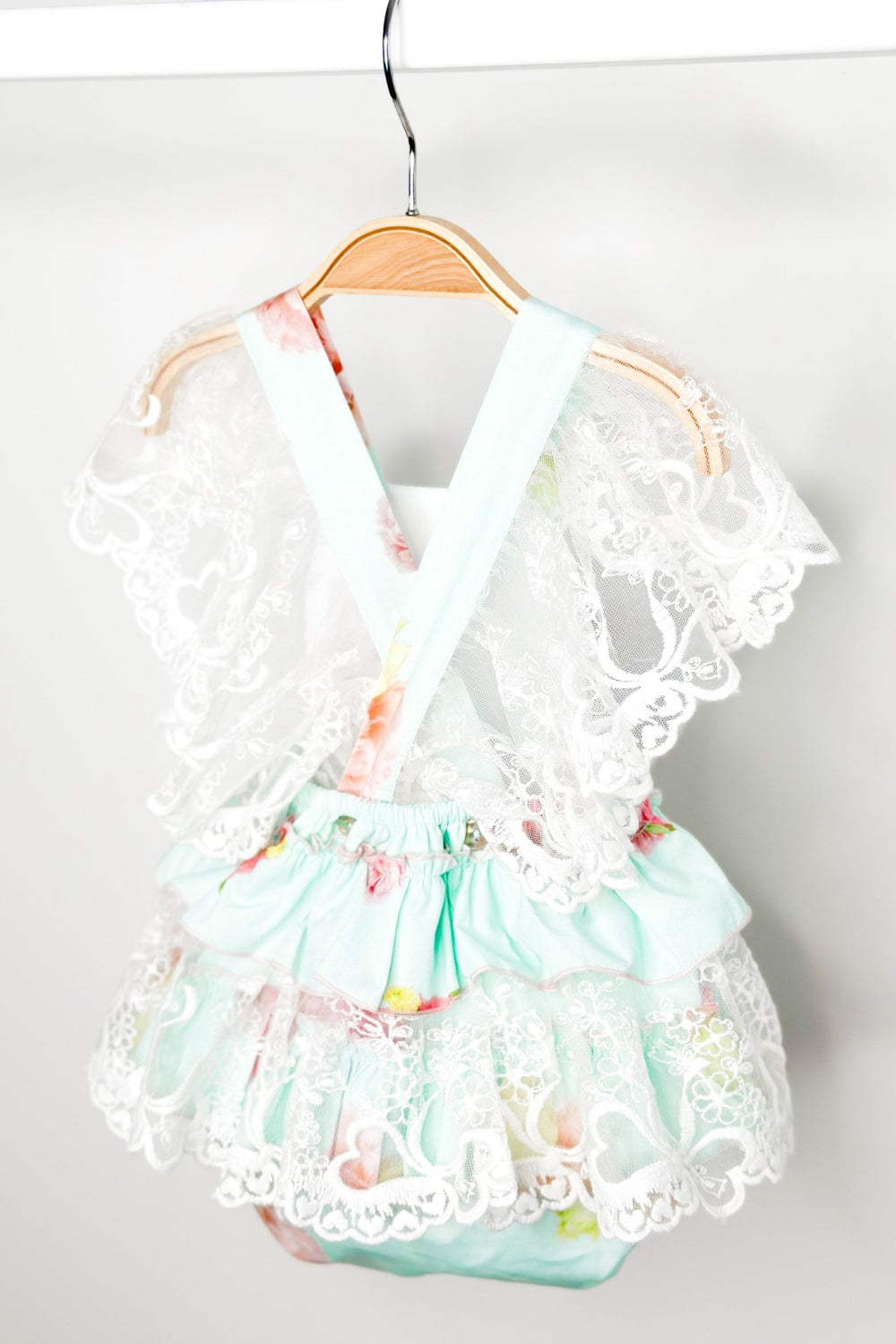 Phi "Peaches" Aquamarine Pink Peony Lace Dungaree Romper - Millie and John