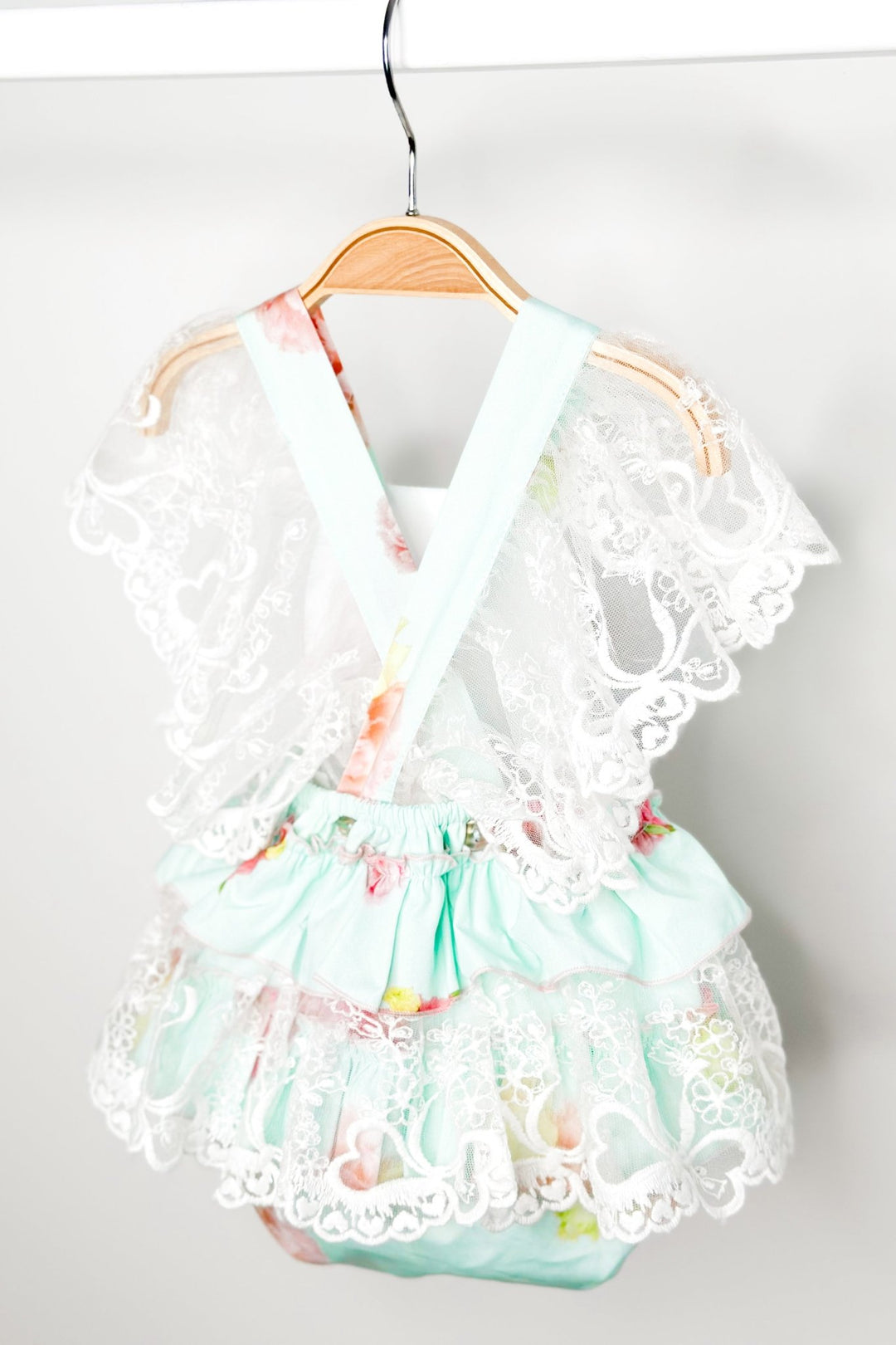 Phi "Peaches" Aquamarine Pink Peony Lace Dungaree Romper - Millie and John