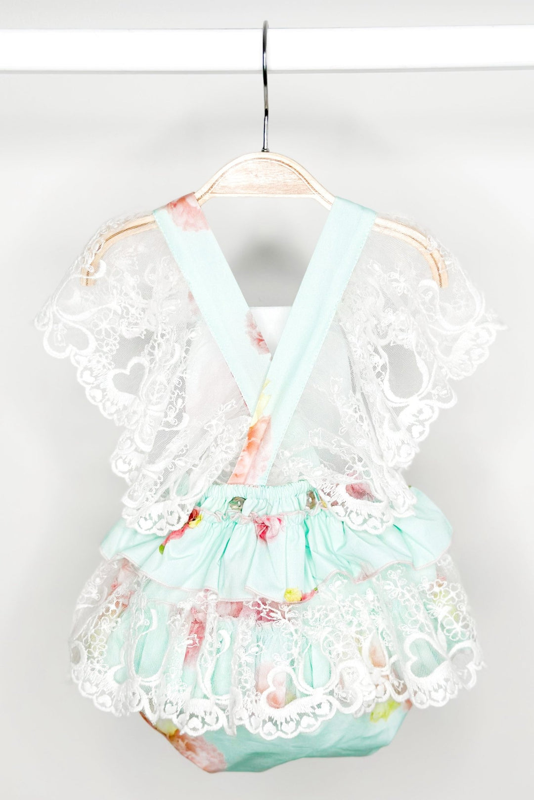 Phi "Peaches" Aquamarine Pink Peony Lace Dungaree Romper - Millie and John