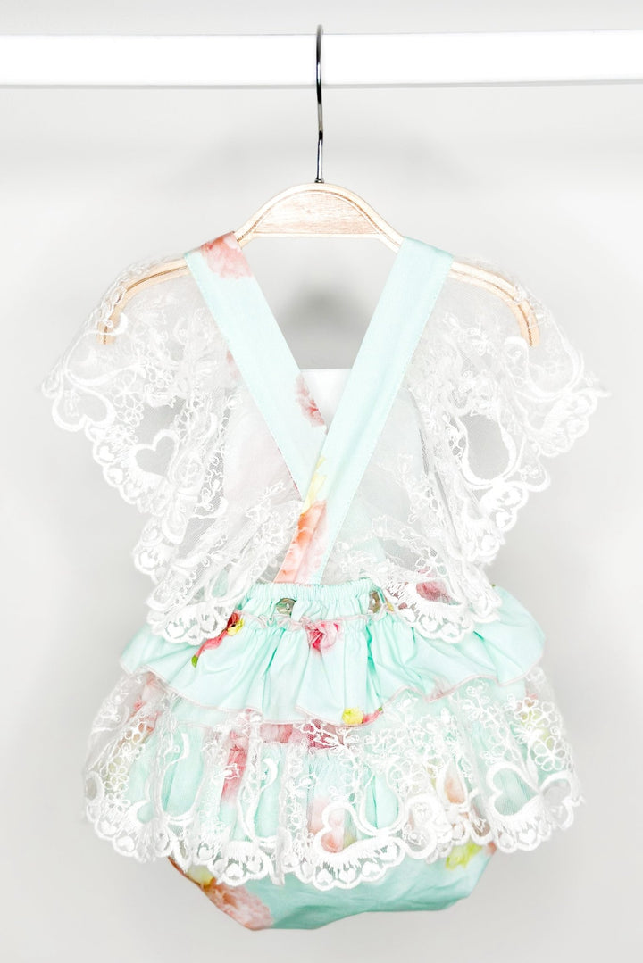 Phi "Peaches" Aquamarine Pink Peony Lace Dungaree Romper - Millie and John