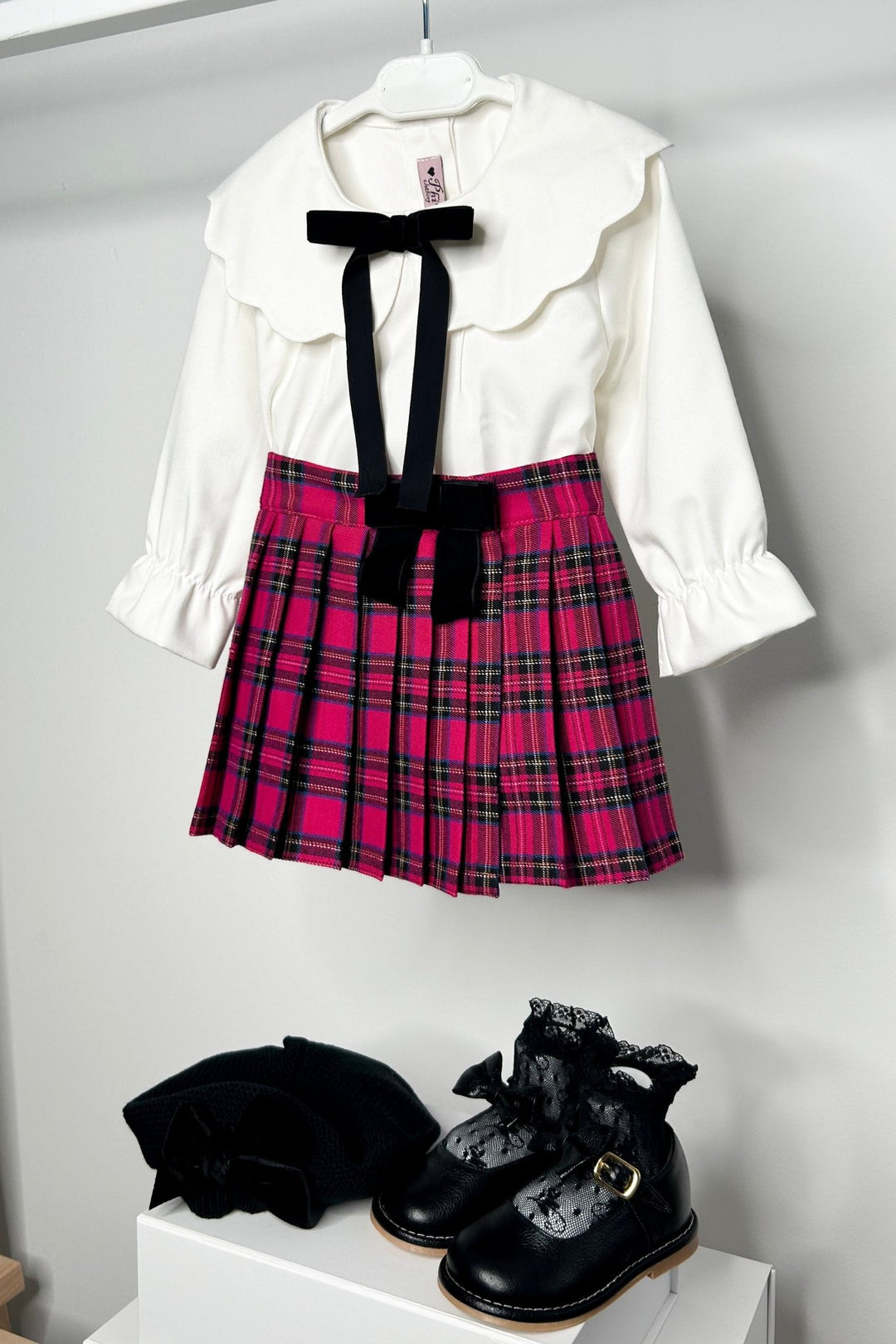 Phi "Roxie" Blouse & Hot Pink Tartan Pleated Skirt - Millie and John