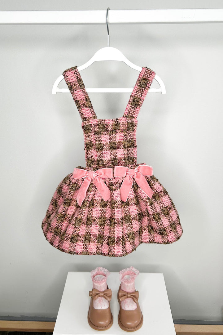 Phi "Zaria" Pink & Beige Tweed Pinafore Dress - Millie and John