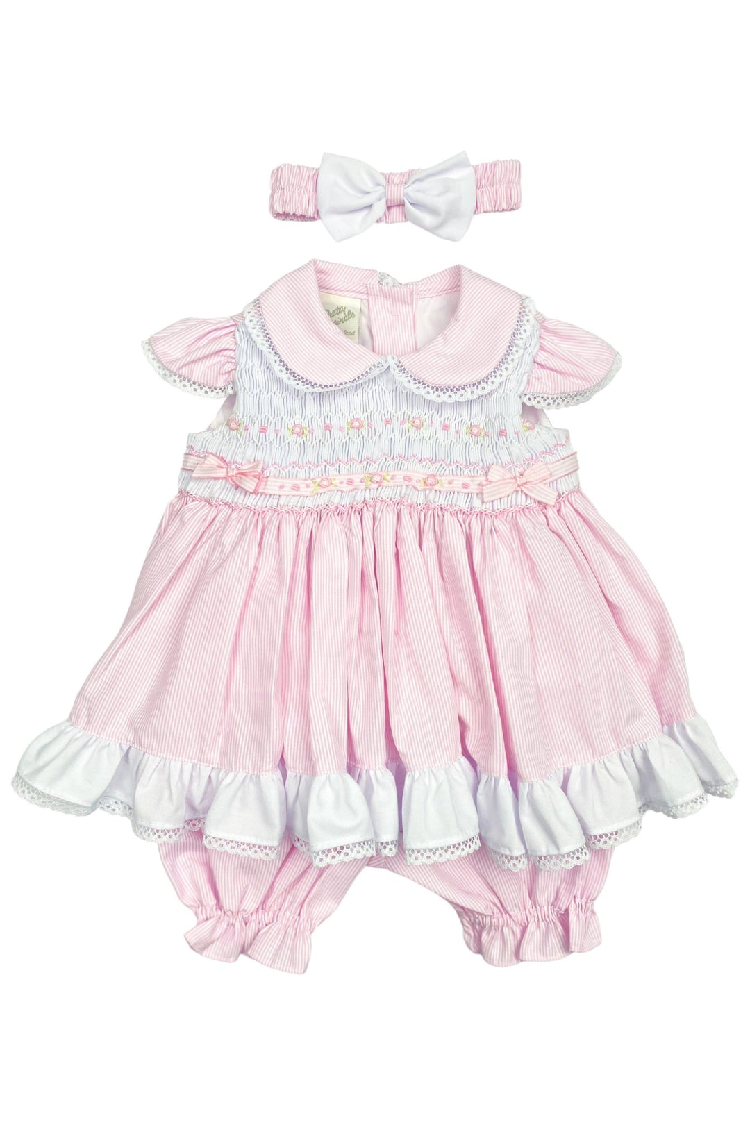 Pretty Originals "Danica" Pink Striped Smocked Dress, Bloomers & Headband - Millie and John