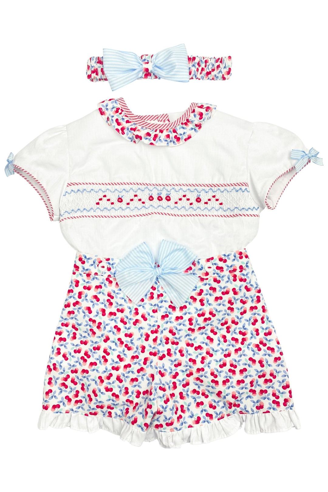 Pretty Originals "Dottie" Red Cherry Print Smocked Blouse, Shorts & Headband - Millie and John