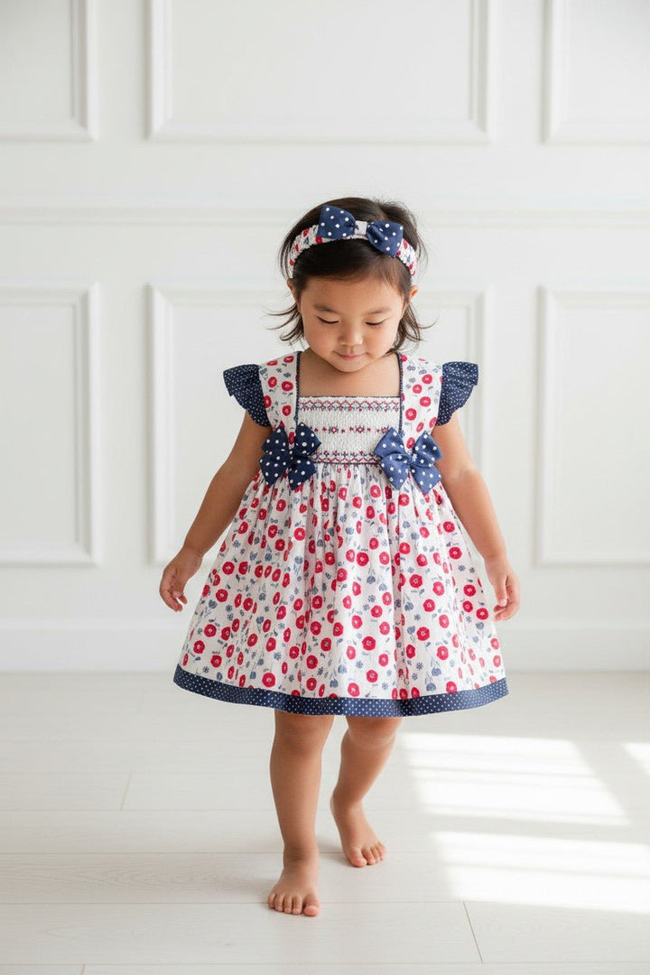 Pretty Originals "Essie" Red &amp; Navy Floral Print Dress &amp; Headband - Millie and John