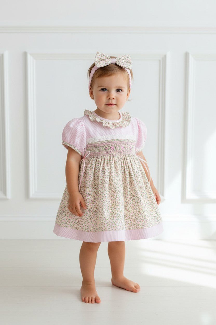 Pretty Originals "Lydia" Pink Floral Smocked Dress, Bloomers &amp; Headband - Millie and John