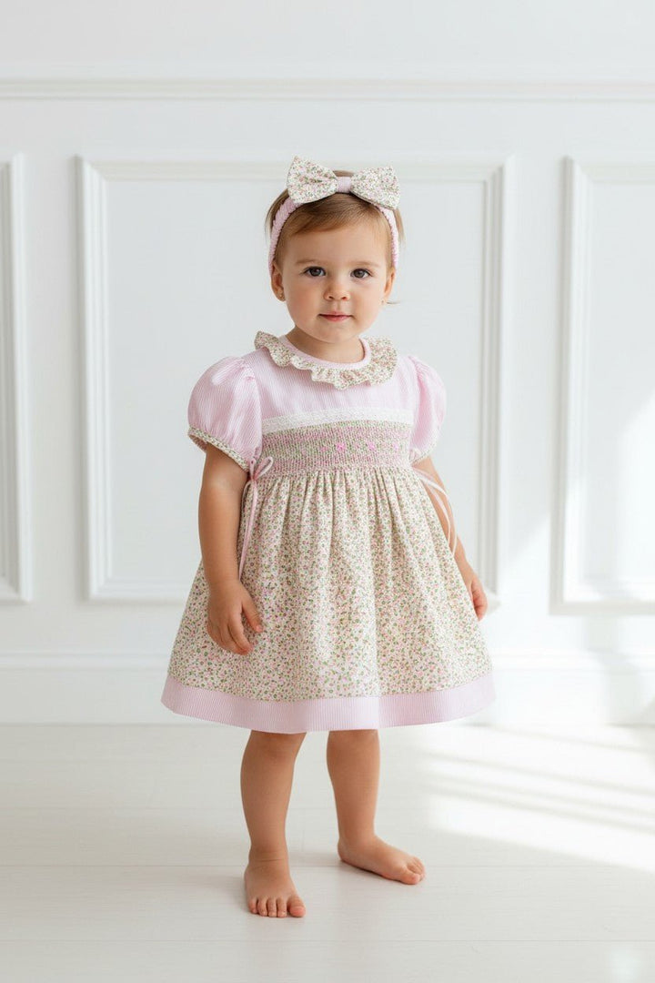 Pretty Originals "Lydia" Pink Floral Smocked Dress, Bloomers &amp; Headband - Millie and John