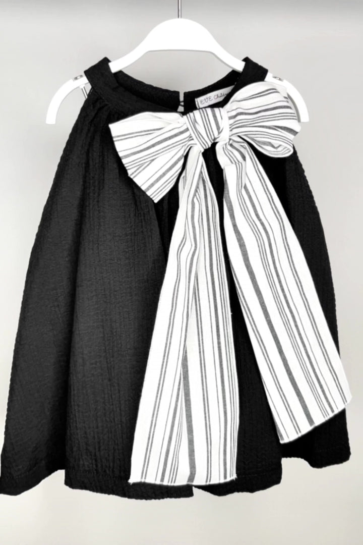 "Verity" Black Cheesecloth Stripe Bow Dress