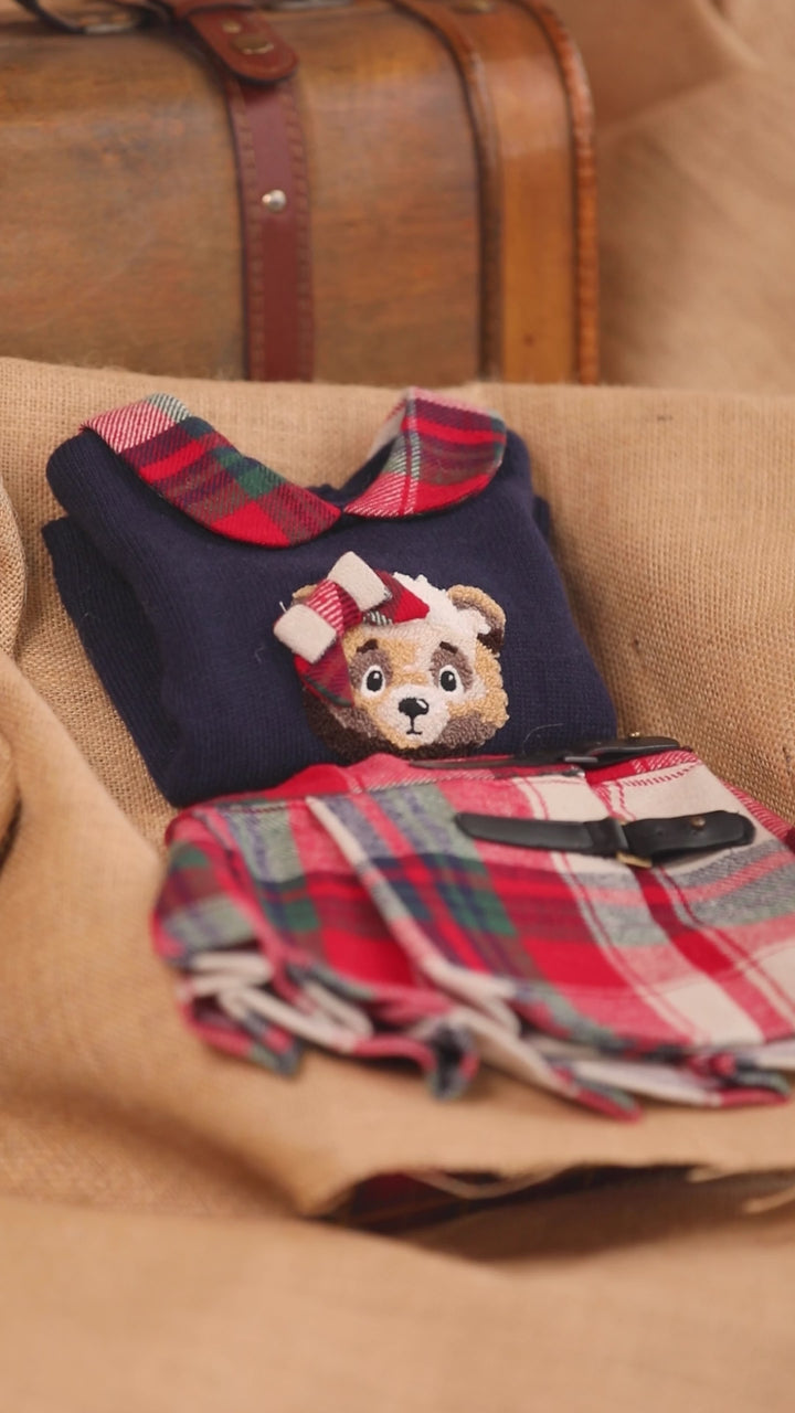 PREORDER "Hamish" Navy Knit Bear Jumper & Red Tartan Trousers