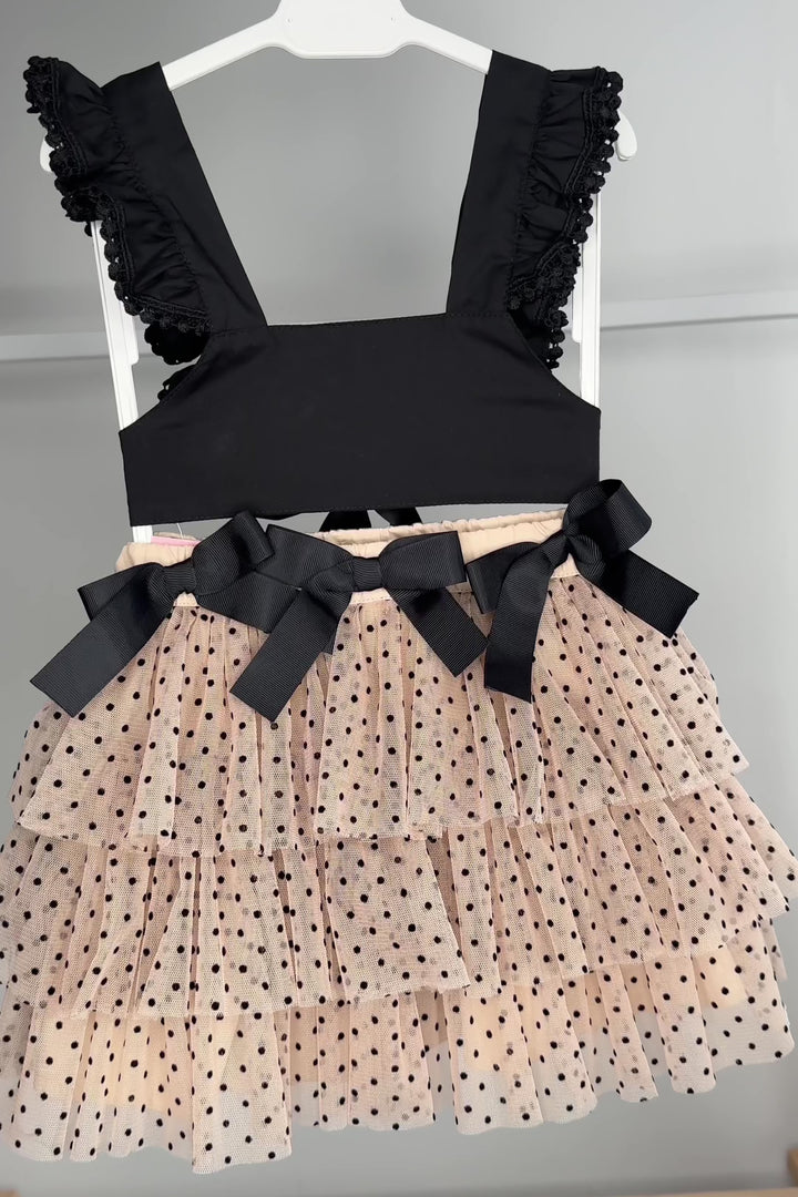 "Nuriyah" Black Crop Top & Beige Tulle Skirt