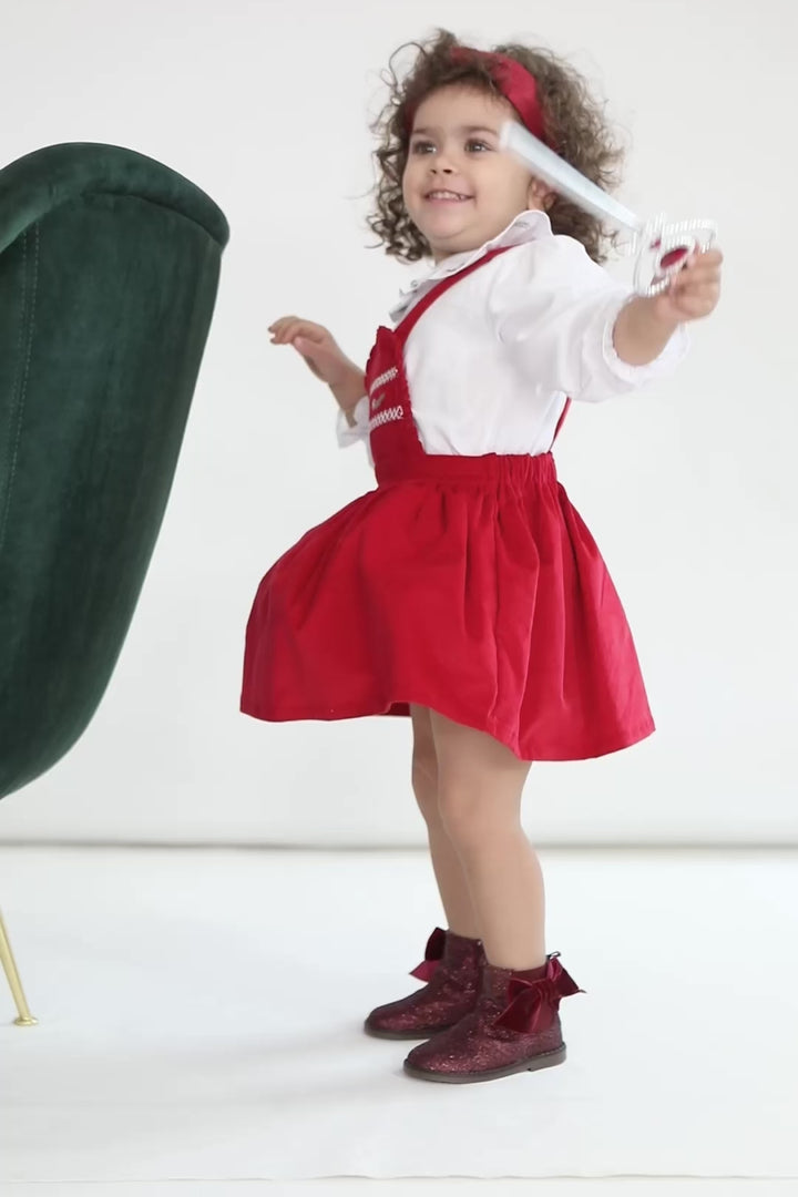 "Giselle" Embroidered Blouse & Red Velvet Pinafore Dress