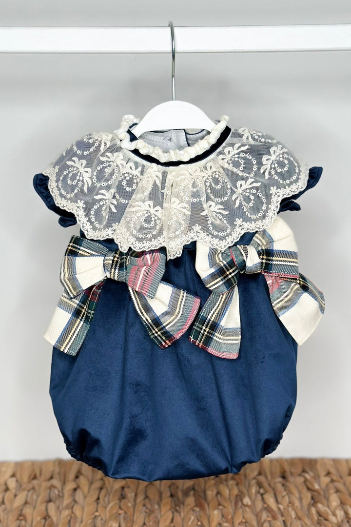 Puro Mimo "Arianna" Midnight Blue Velvet Tartan Romper - Millie and John