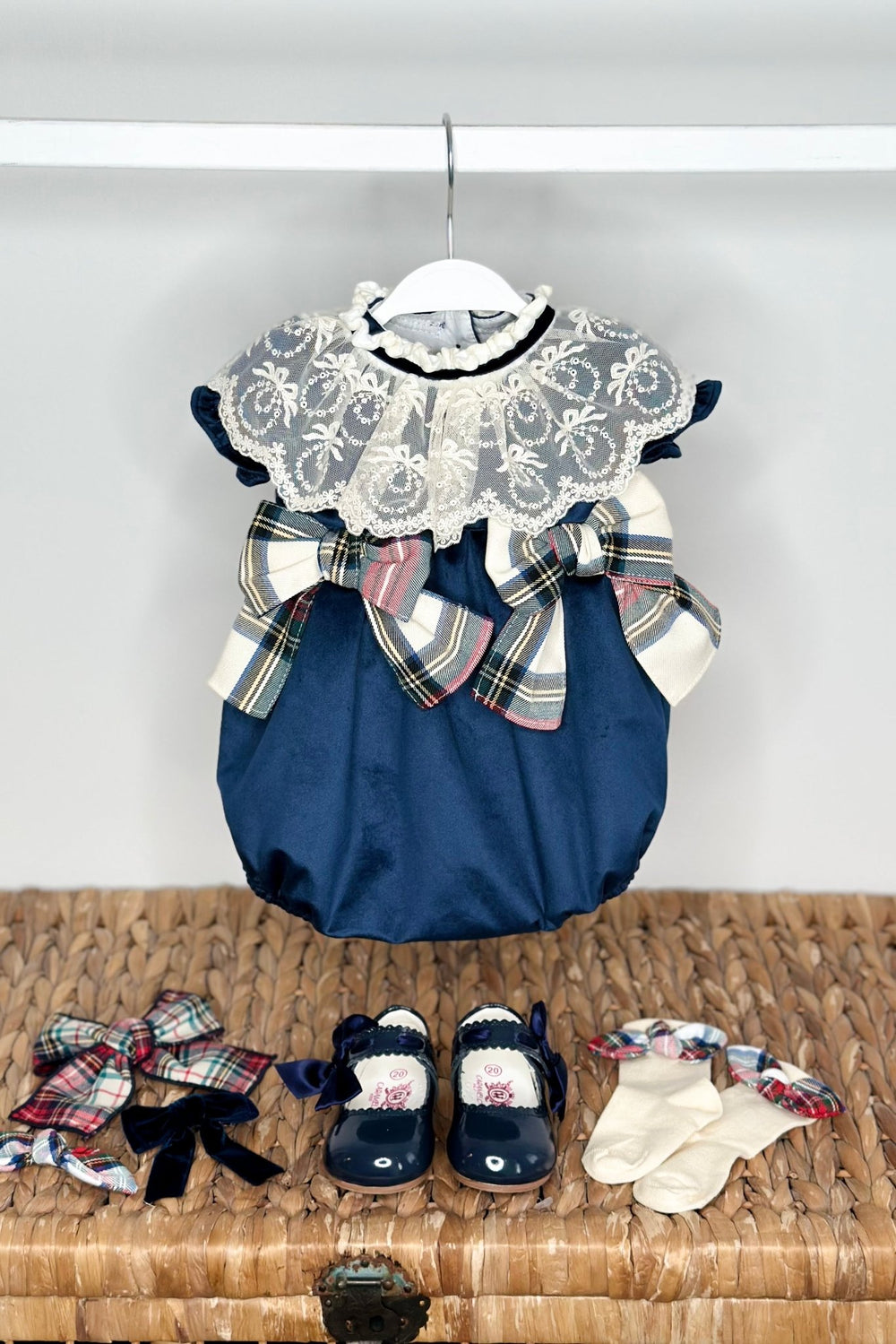 Puro Mimo "Arianna" Midnight Blue Velvet Tartan Romper - Millie and John